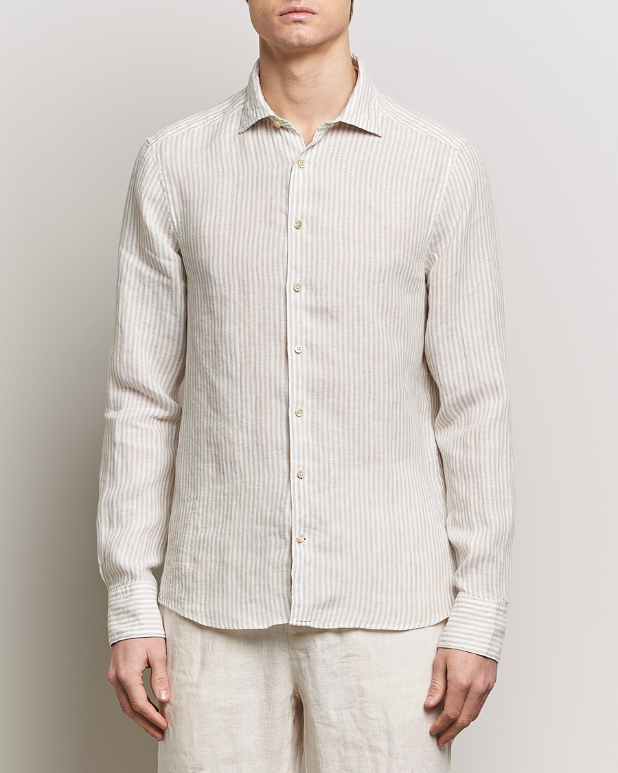 Men | Shirts | Stenströms | Slimline Cut Away Striped Linen Shirt Beige