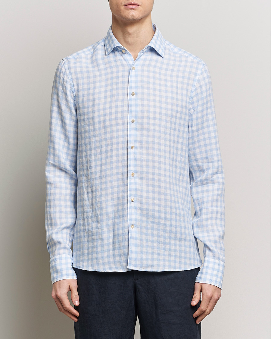 Herren | Hemden | Stenströms | Slimline Cut Away Checked Linen Shirt Light Blue