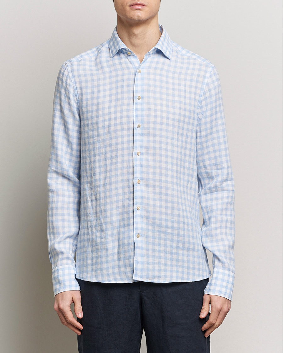 Herr | Skjortor | Stenströms | Slimline Cut Away Checked Linen Shirt Light Blue