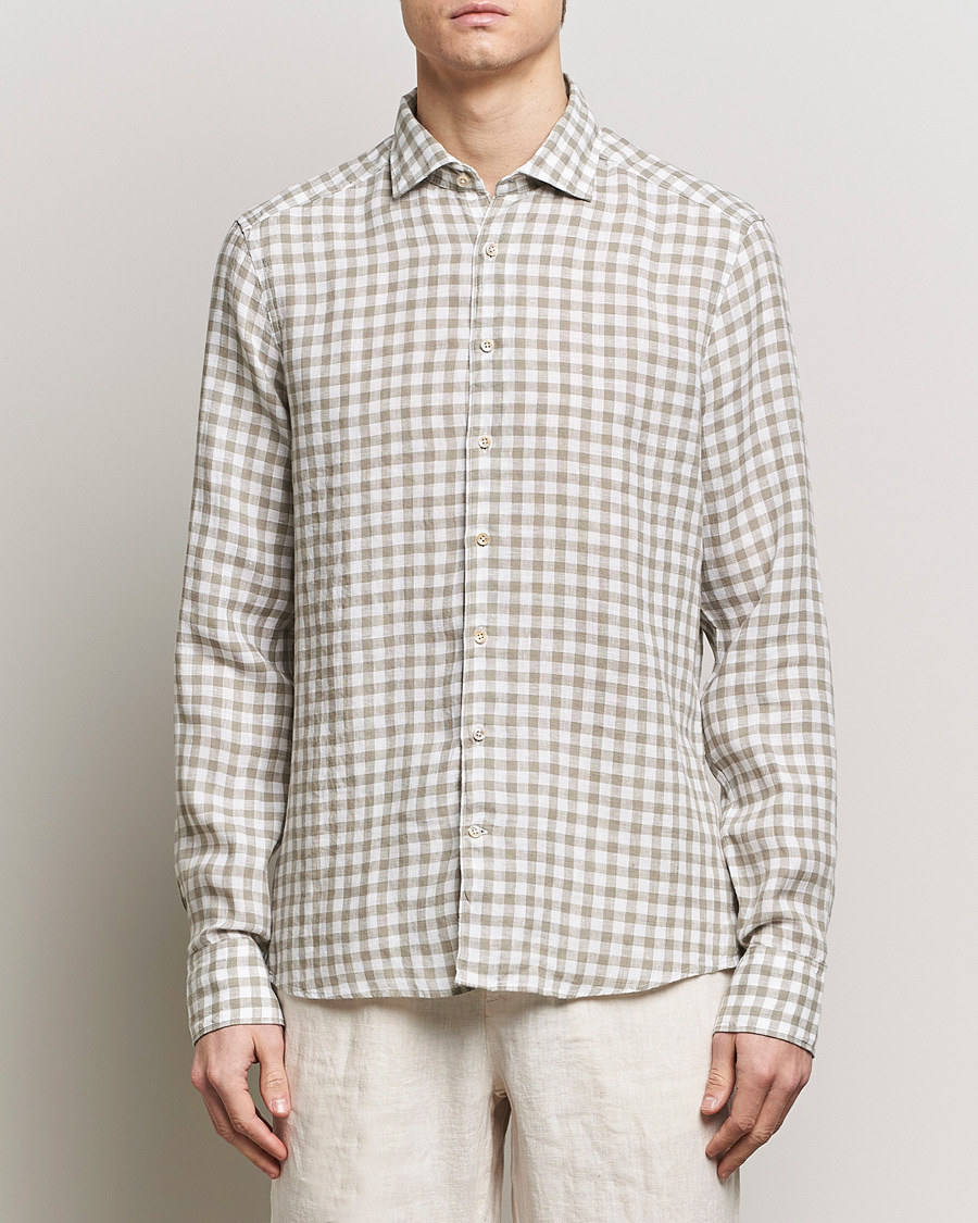 Men |  | Stenströms | Slimline Cut Away Checked Linen Shirt Light Grey