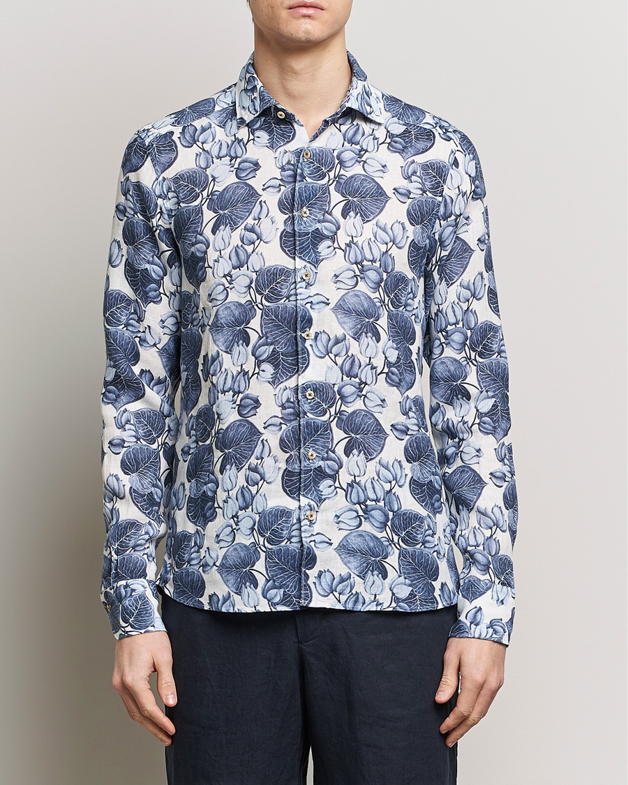 Herren |  | Stenströms | Slimline Cut Away Printed Flower Linen Shirt Blue