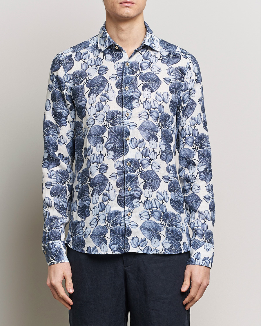 Herren | Leinenhemden | Stenströms | Slimline Cut Away Printed Flower Linen Shirt Blue