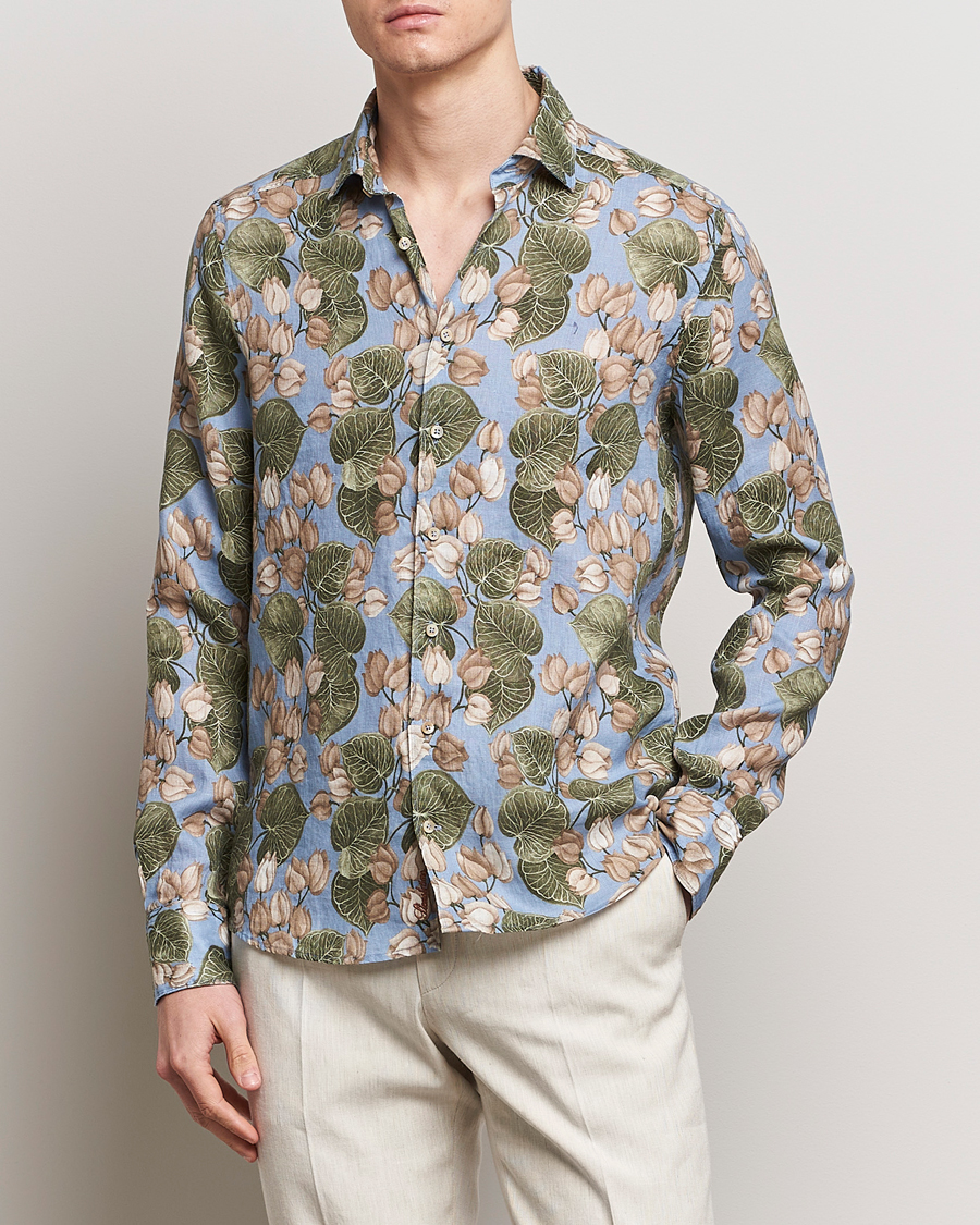 Herren | Leinenhemden | Stenströms | Slimline Cut Away Printed Flower Linen Shirt Multi