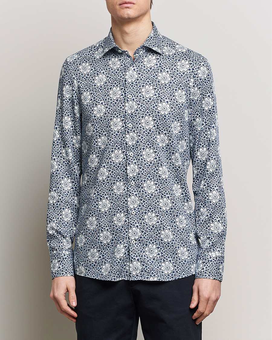 Herren |  | Stenströms | Slimline Cut Away Printed Viscose Shirt Blue