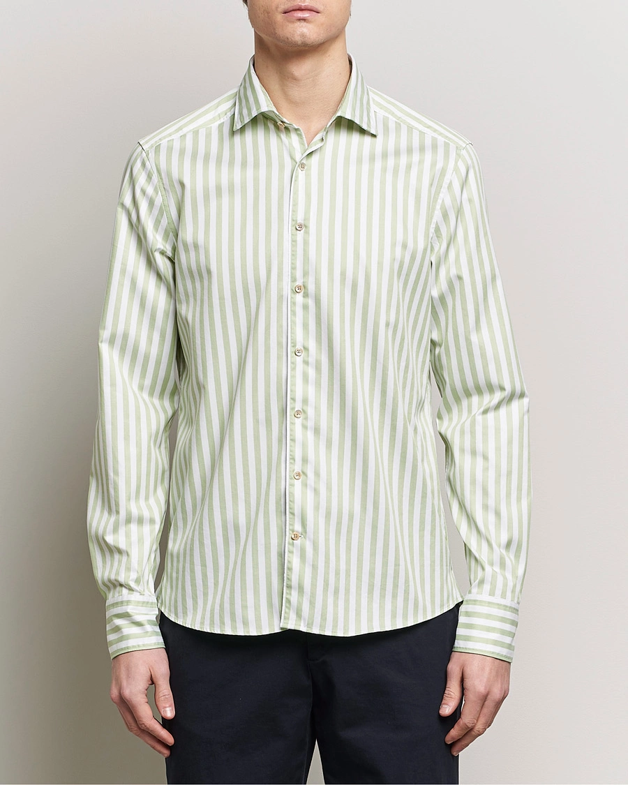 Herren | Freizeithemden | Stenströms | Slimline Large Stripe Washed Cotton Shirt Green
