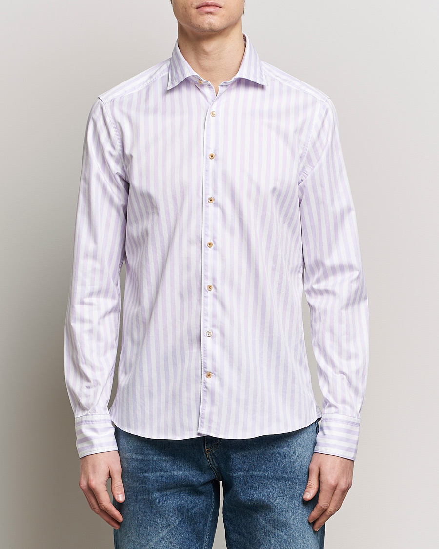 Herren | Freizeithemden | Stenströms | Slimline Large Stripe Washed Cotton Shirt Purple
