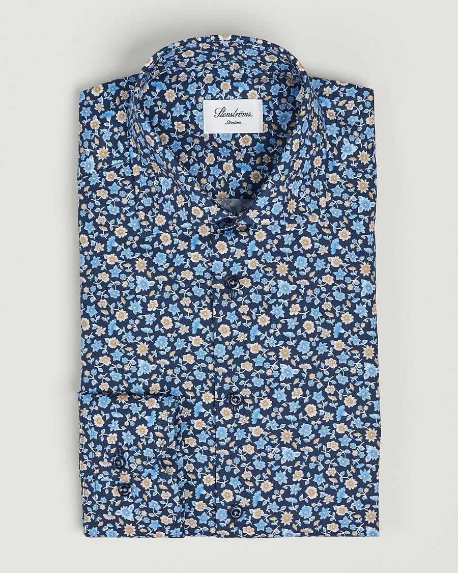 Herren | Hemden | Stenströms | Slimline Cut Away Printed Flower Shirt Navy