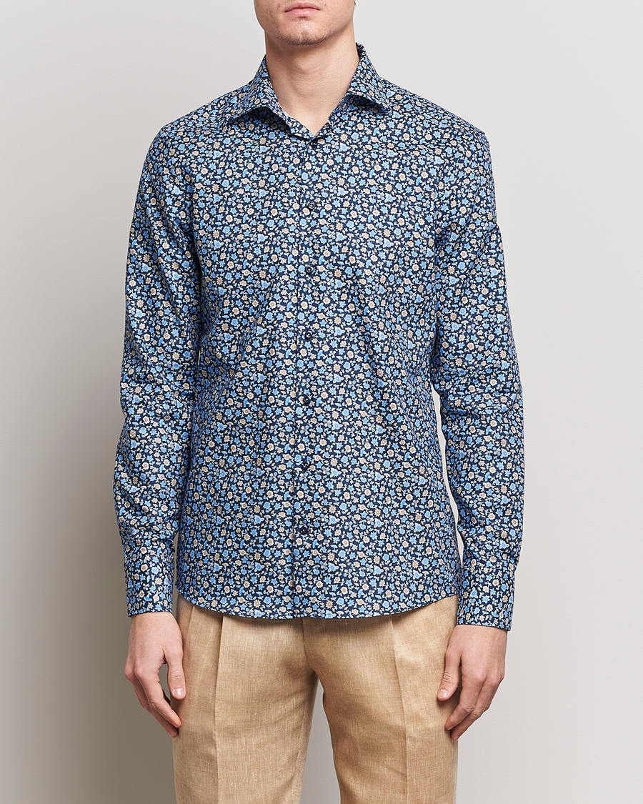 Herren | Hemden | Stenströms | Slimline Cut Away Printed Flower Shirt Navy