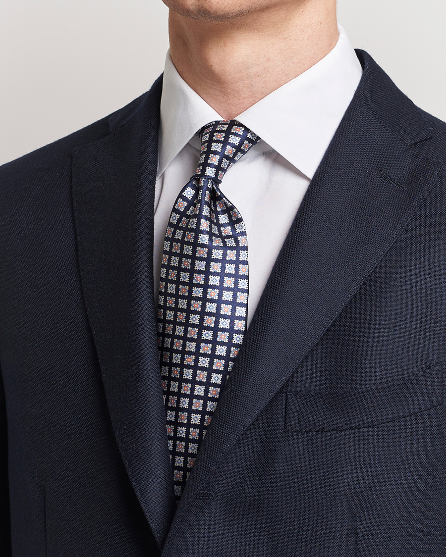 Men | Accessories | Stenströms | Printed Silk Tie Navy