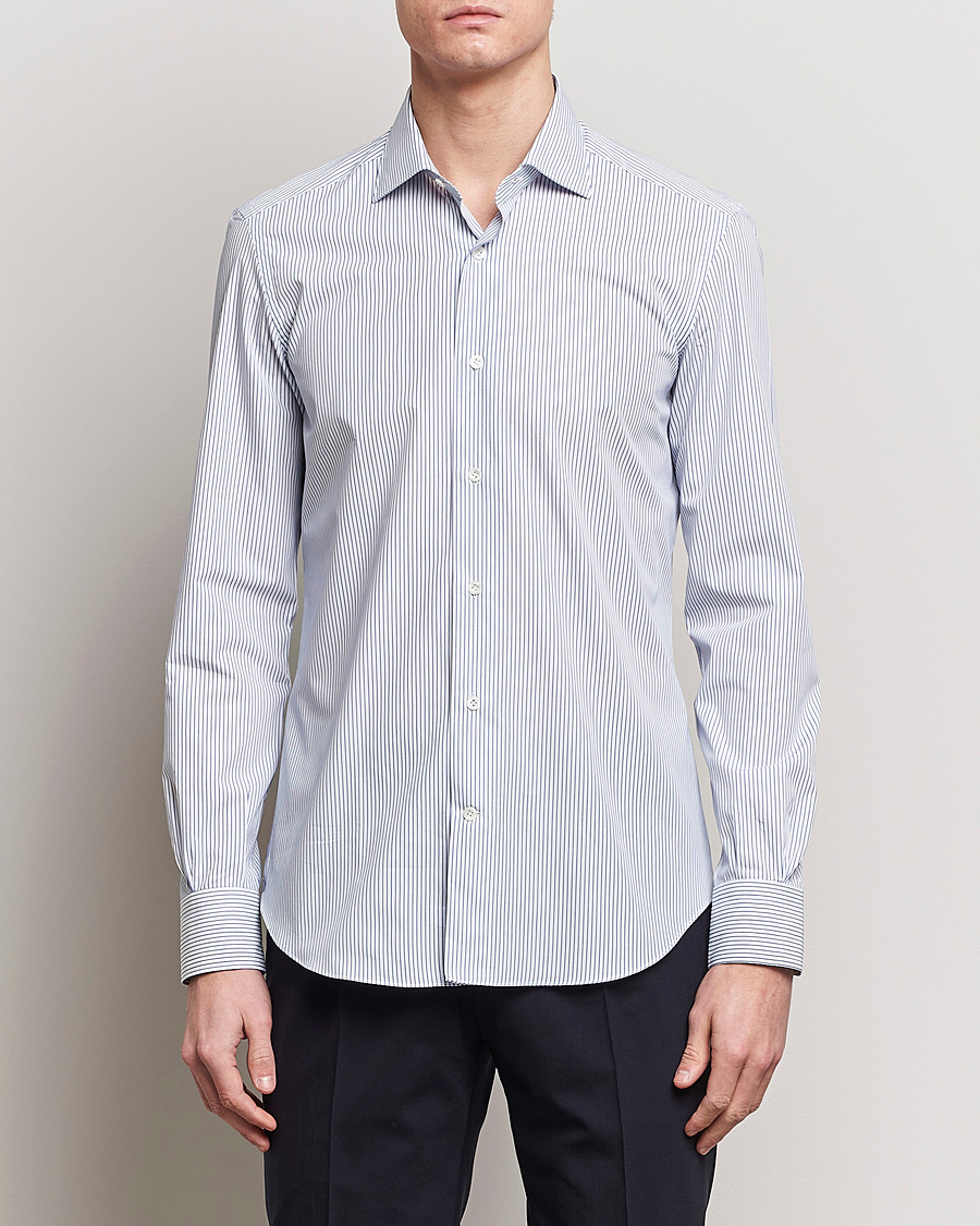 Herren | Mazzarelli | Mazzarelli | Soft Cotton Cut Away Shirt Blue Pinstripe