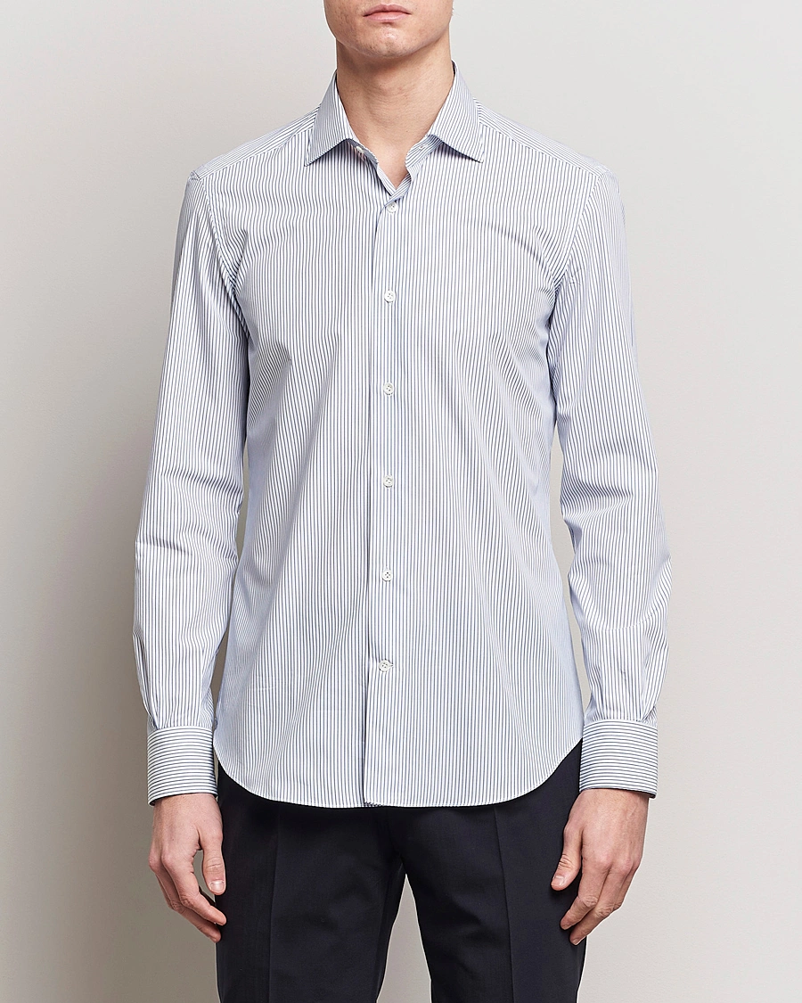 Men |  | Mazzarelli | Soft Cotton Cut Away Shirt Blue Pinstripe