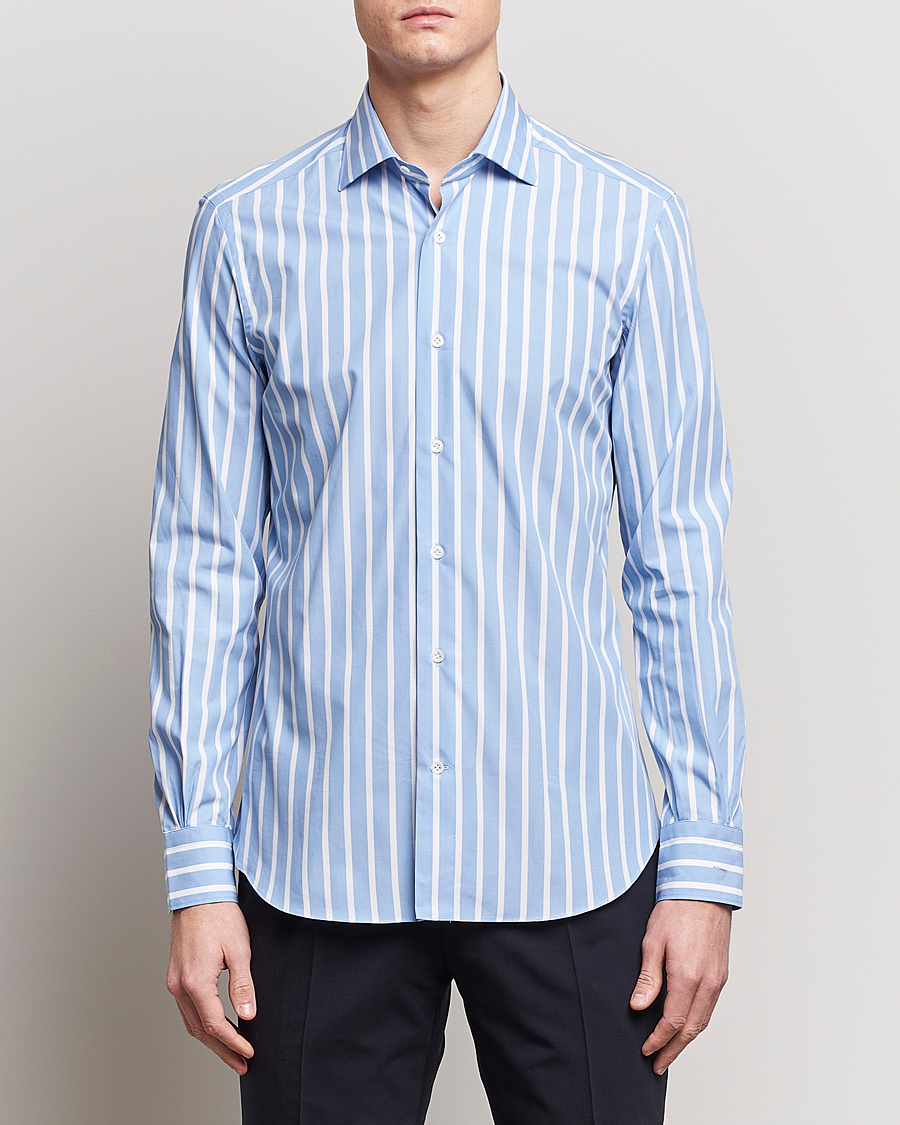 Men |  | Mazzarelli | Soft Cotton Cut Away Shirt Blue/White Stripe
