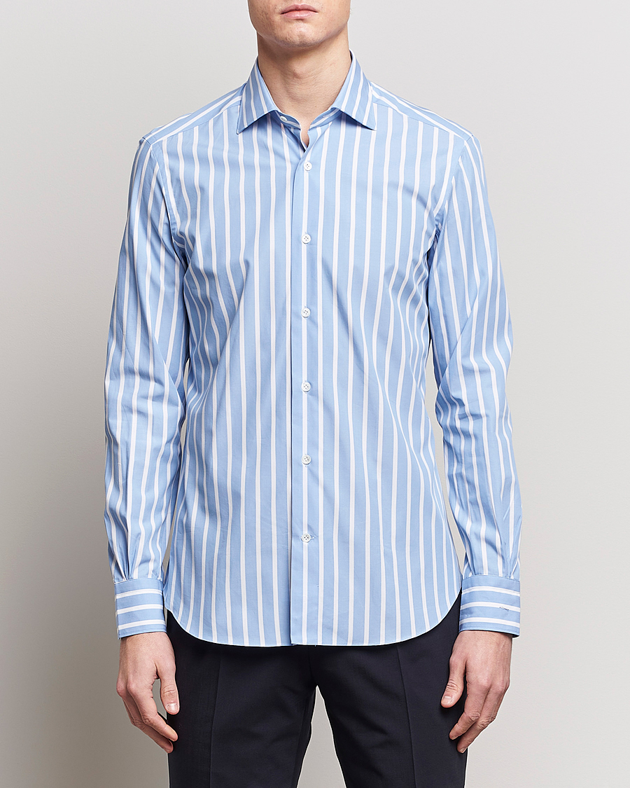 Herren | Mazzarelli | Mazzarelli | Soft Cotton Cut Away Shirt Blue/White Stripe