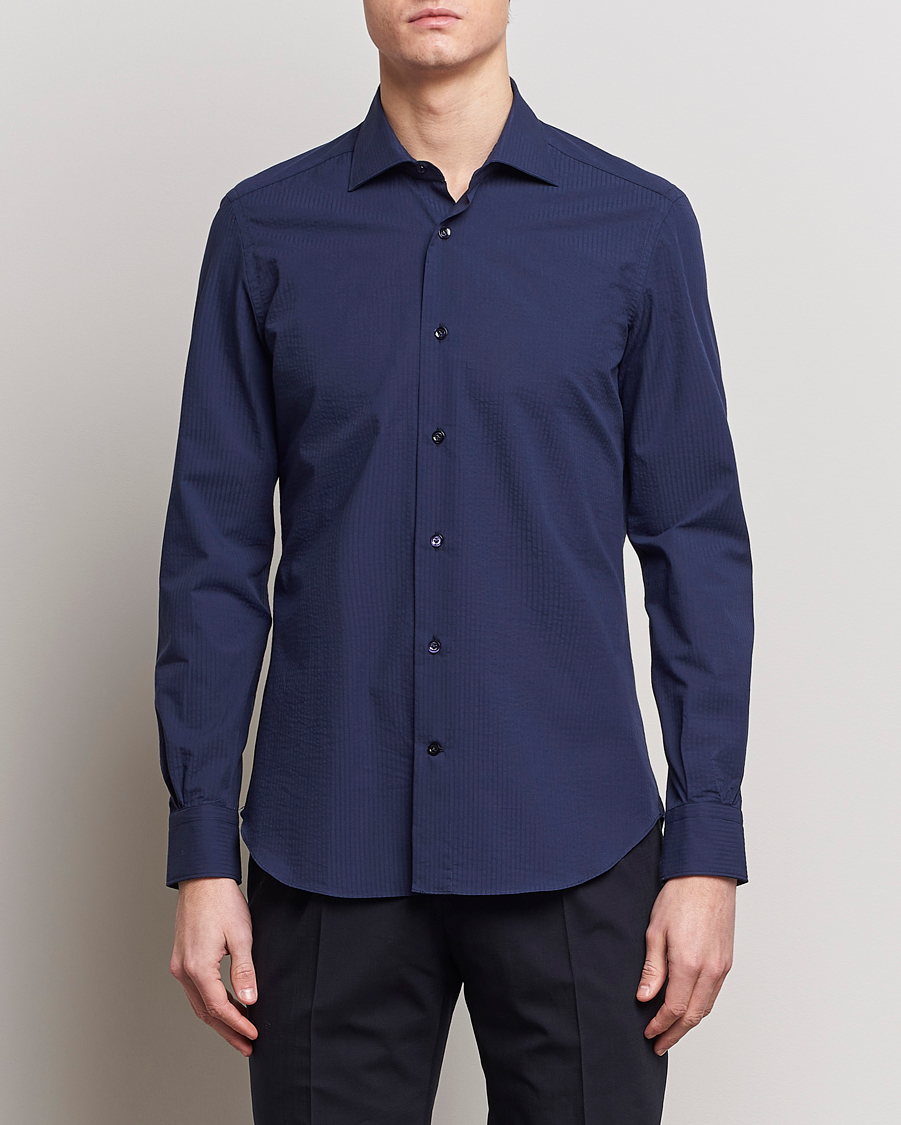 Herren | Mazzarelli | Mazzarelli | Soft Tonal Seersucker Shirt Navy