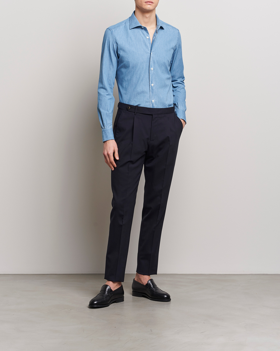 Herren | Hemden | Mazzarelli | Soft Cotton Denim Shirt Bleached Denim