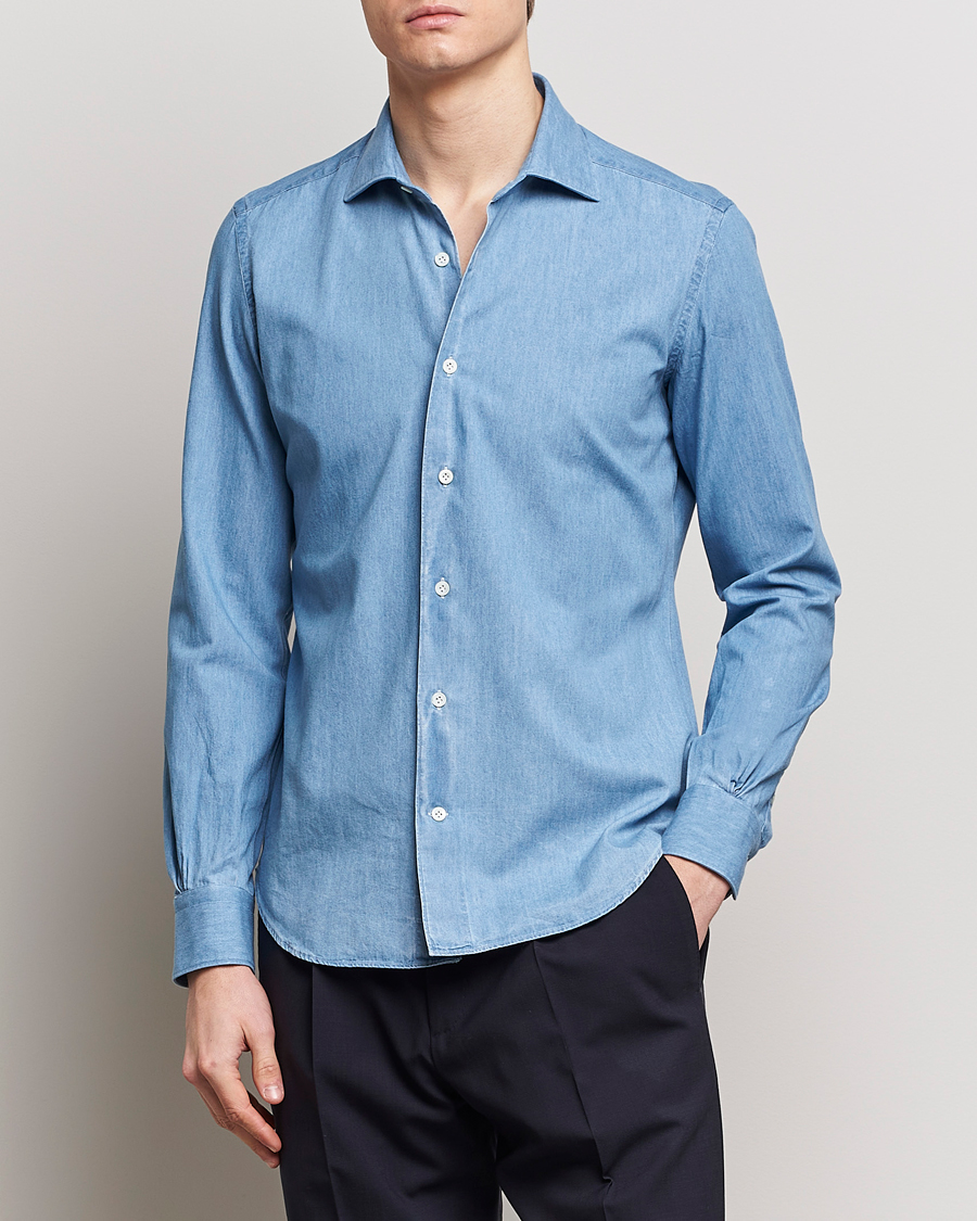 Men |  | Mazzarelli | Soft Cotton Denim Shirt Blue Wash
