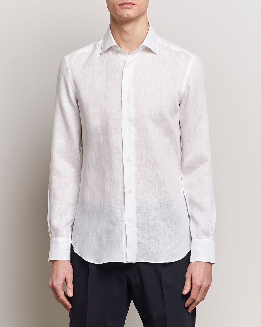 Men | Linen Shirts | Mazzarelli | Soft Linen Cut Away Shirt White