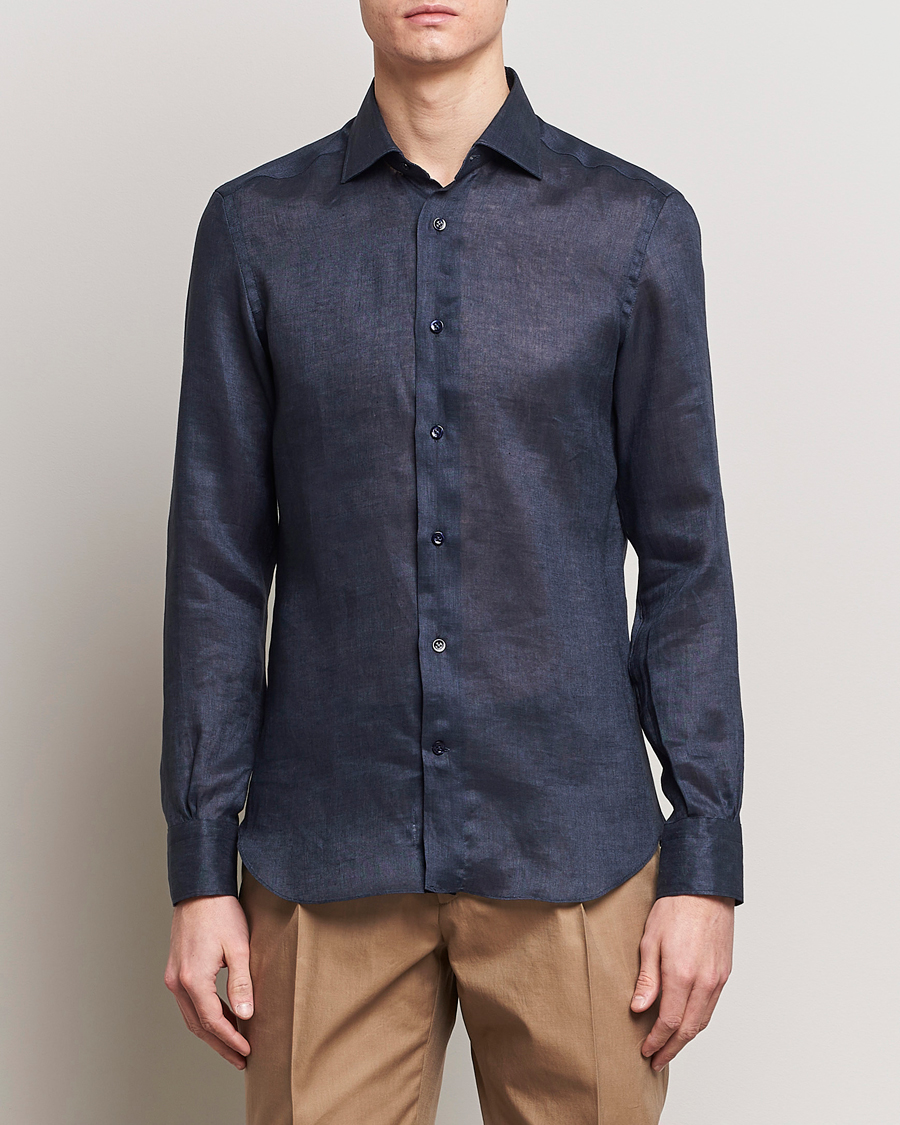 Men |  | Mazzarelli | Soft Linen Cut Away Shirt Navy