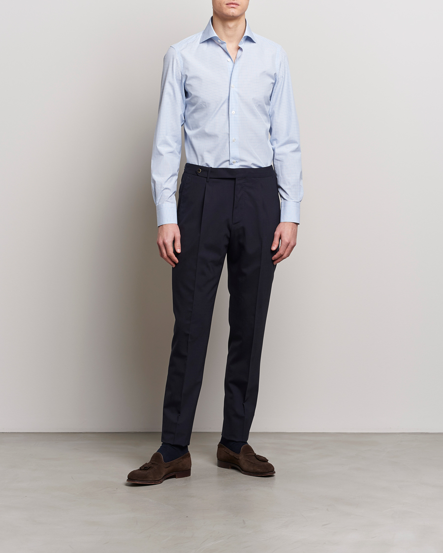 Men | Clothing | Finamore Napoli | Milano Slim Checked Dress Shirt Light Blue