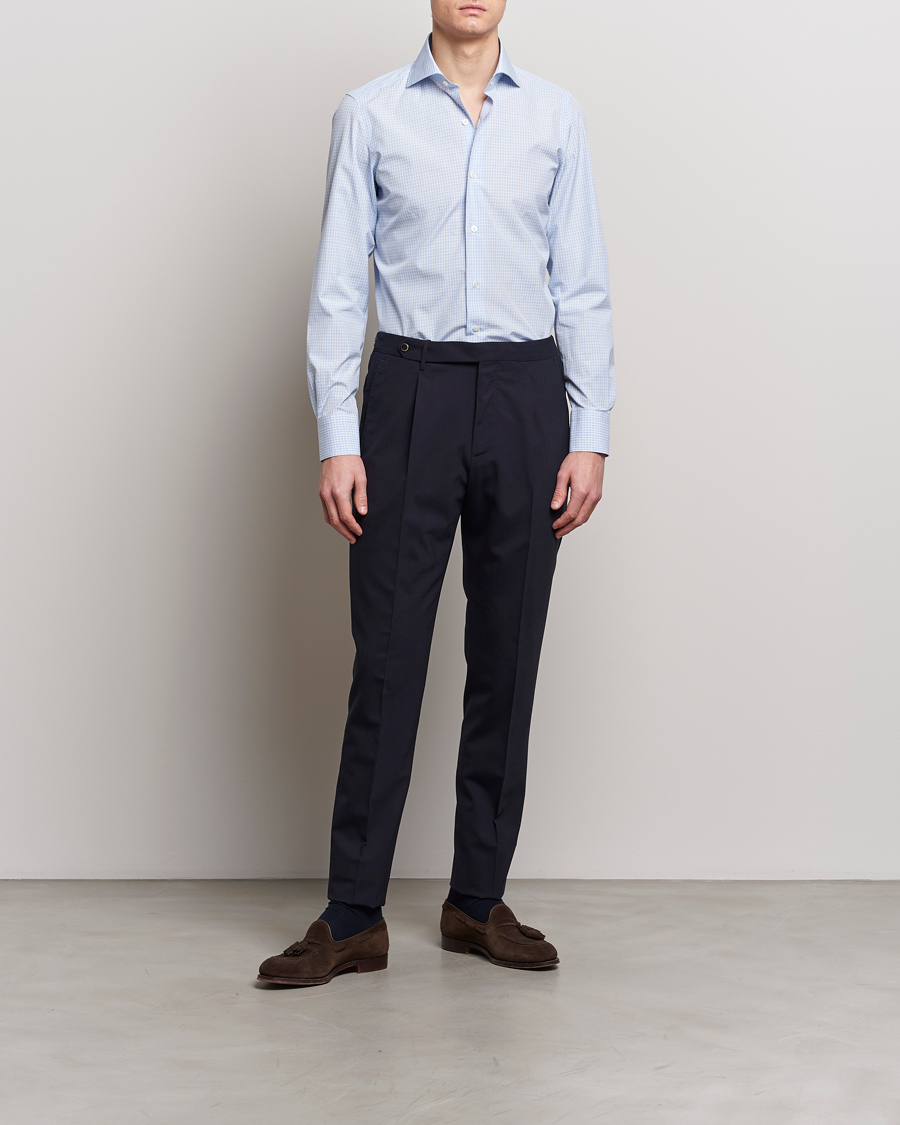 Herr |  | Finamore Napoli | Milano Slim Checked Dress Shirt Light Blue