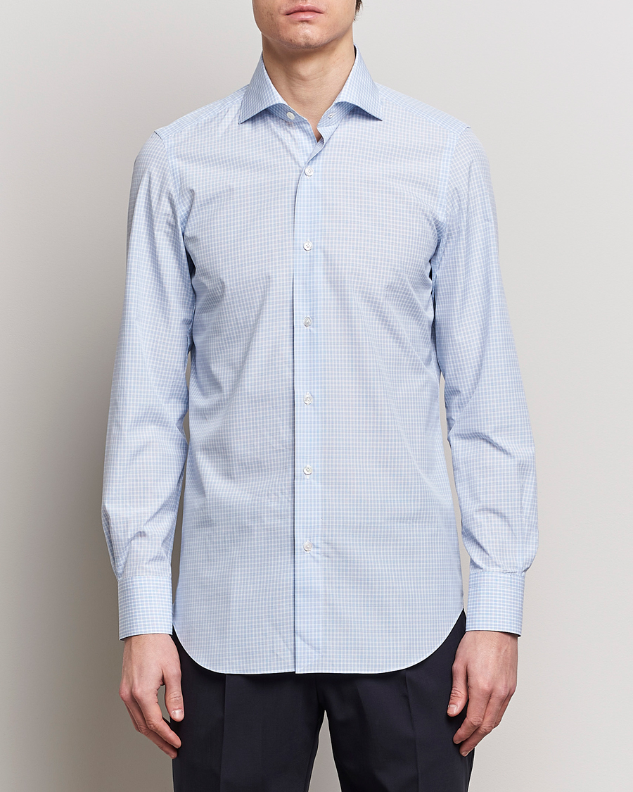 Herren | Formelle Hemden | Finamore Napoli | Milano Slim Checked Dress Shirt Light Blue