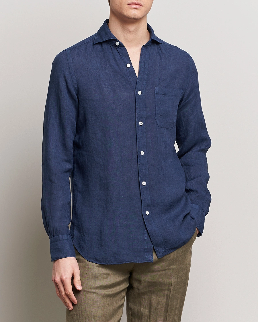 Men | Linen Shirts | Finamore Napoli | Gaeta Linen Pocket Shirt Navy