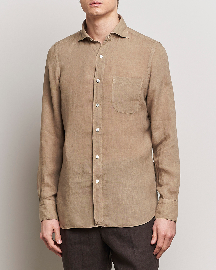 Herre | Tøj | Finamore Napoli | Gaeta Linen Pocket Shirt Taupe