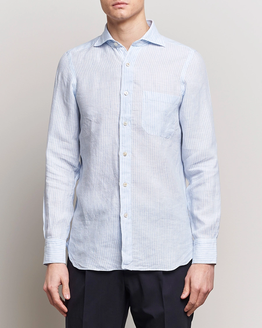 Men |  | Finamore Napoli | Gaeta Striped Linen Pocket Shirt Light Blue