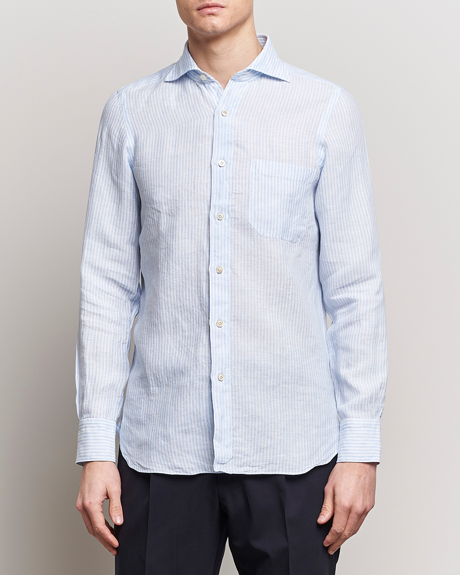 Herren | Finamore Napoli | Finamore Napoli | Gaeta Striped Linen Pocket Shirt Light Blue