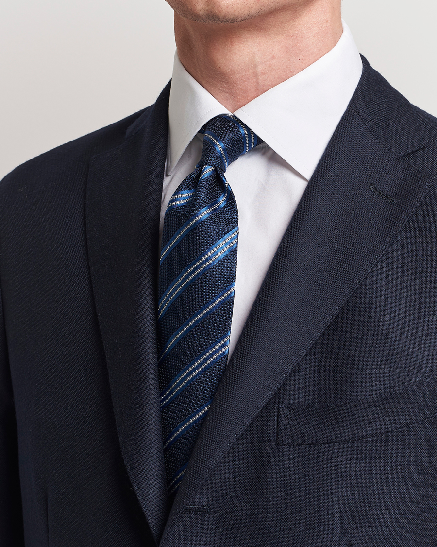 Herren | Krawatten | Finamore Napoli | Jacquard Regimental Stripe Silk Tie Navy/Blue