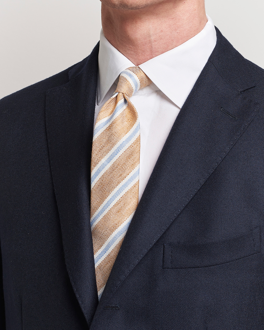 Herren | Finamore Napoli Regimental Stripe Linen Tie Beige/Blue | Finamore Napoli | Regimental Stripe Linen Tie Beige/Blue