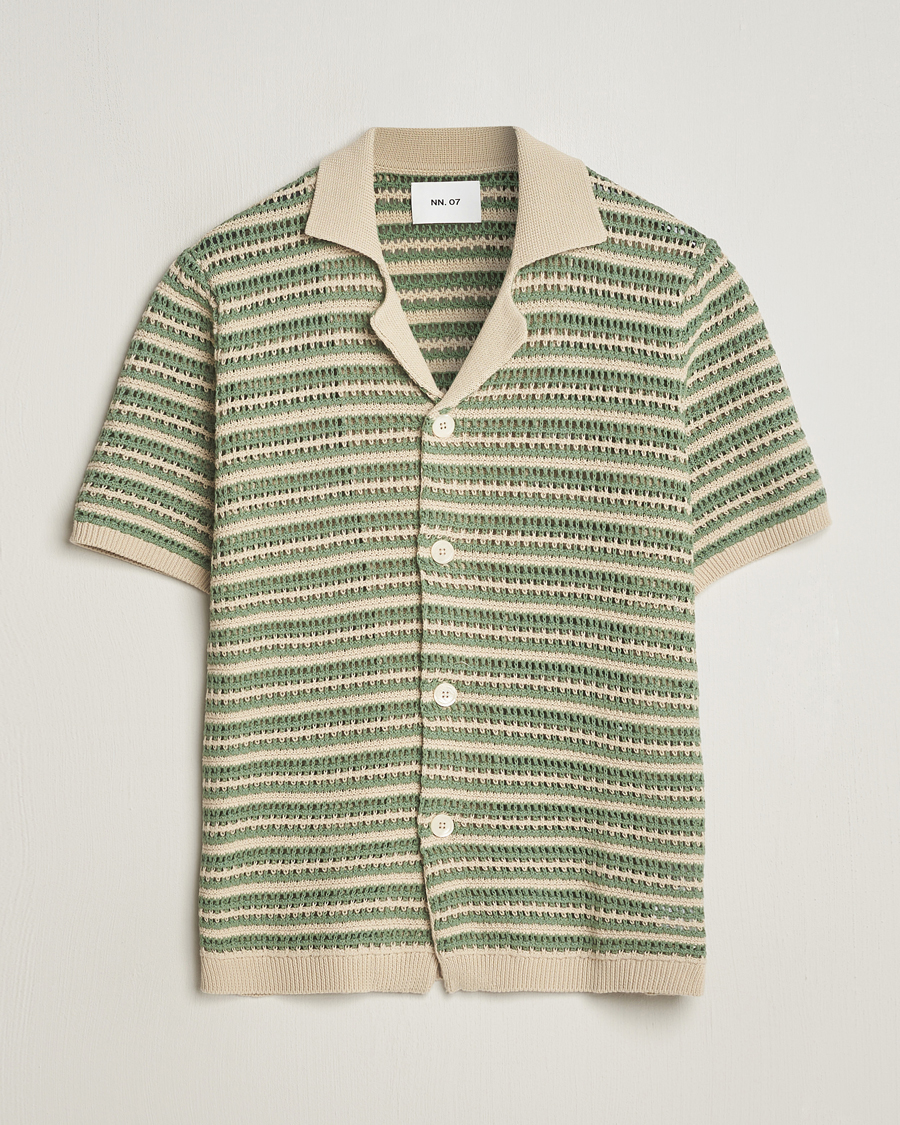 Herren | Hemden | NN07 | Henry Knitted Striped Short Shleeve Shirt Ecru/Green