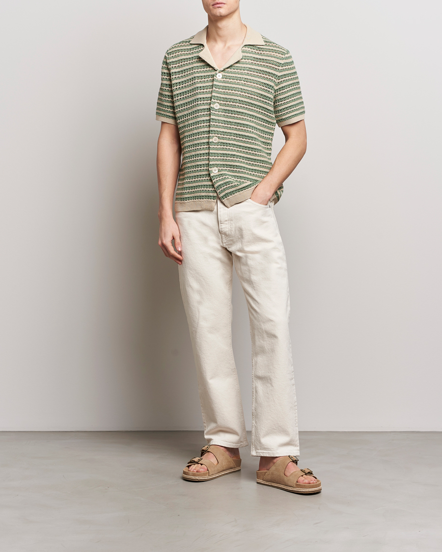 Herren | Hemden | NN07 | Henry Knitted Striped Short Shleeve Shirt Ecru/Green