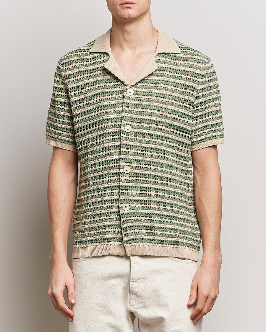 Herren | Freizeithemden | NN07 | Henry Knitted Striped Short Shleeve Shirt Ecru/Green