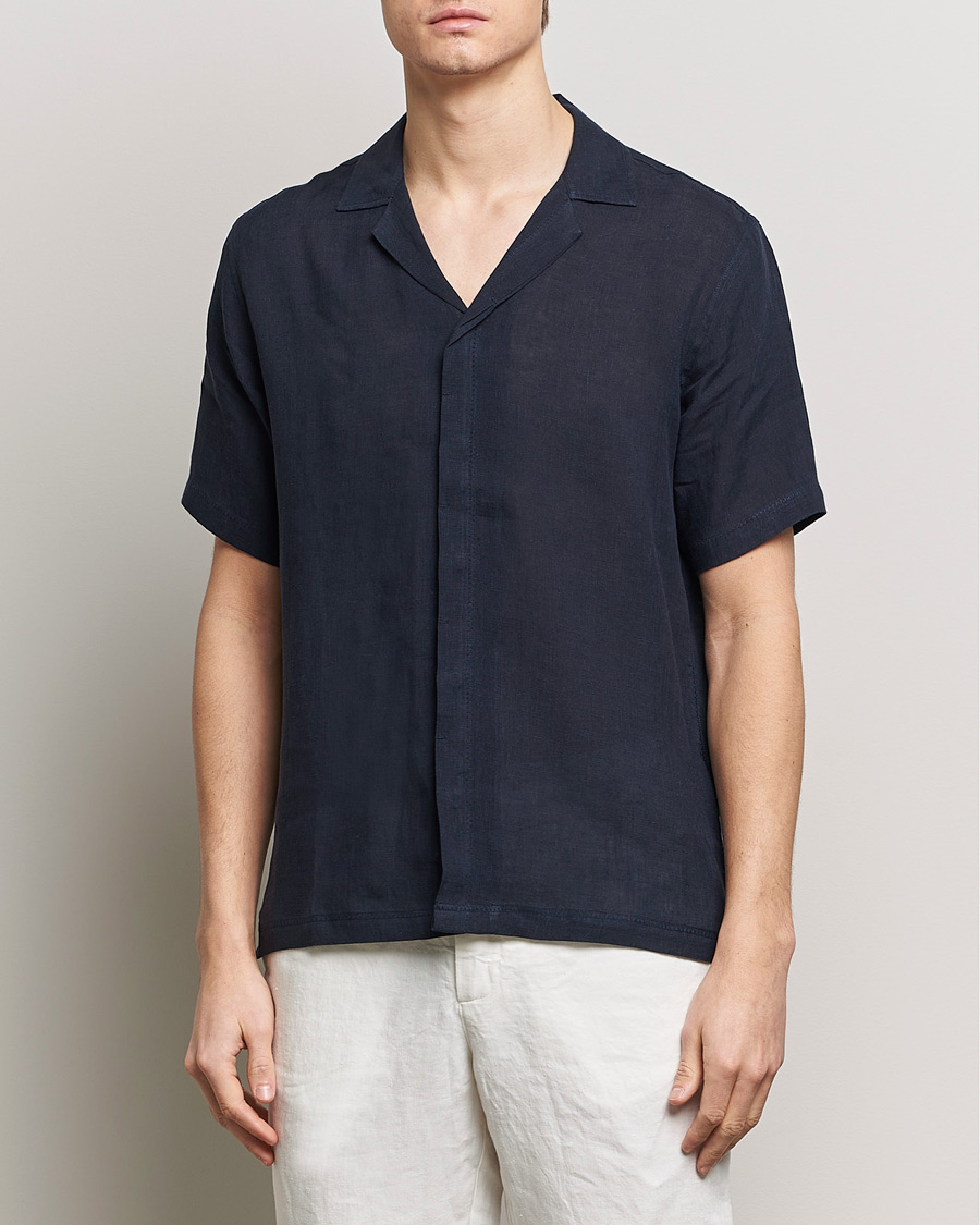 Herren | Orlebar Brown | Orlebar Brown | Maitan Short Sleeve Linen Shirt Night Iris