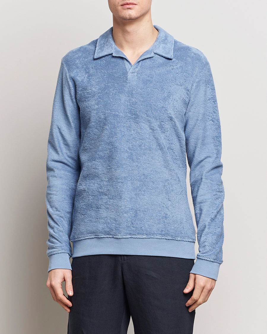 Men | Long Sleeve Polo Shirts | Orlebar Brown | Santino Organic Cotton Terry Polo Springfield Blue