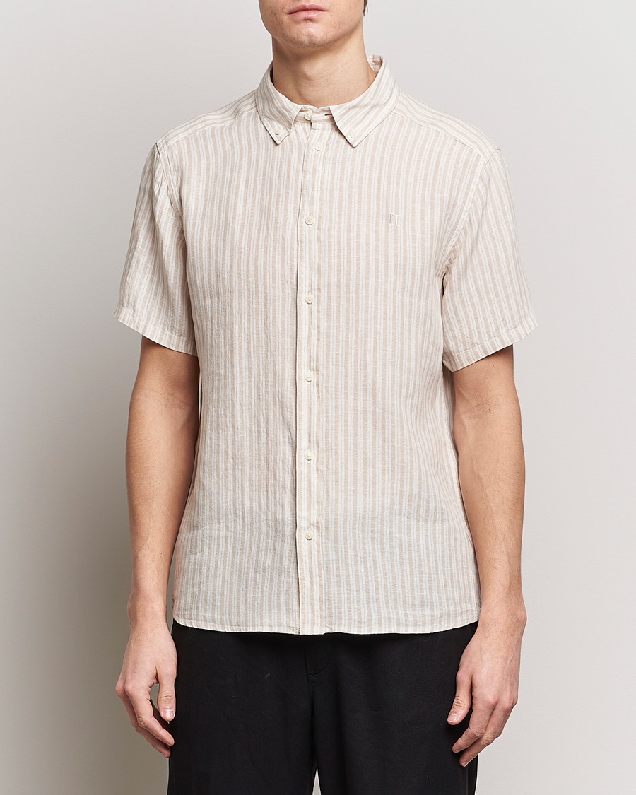 Herr | Kortärmade skjortor | LES DEUX | Kris Linen Striped Short Sleeve Shirt Sand/Ivory