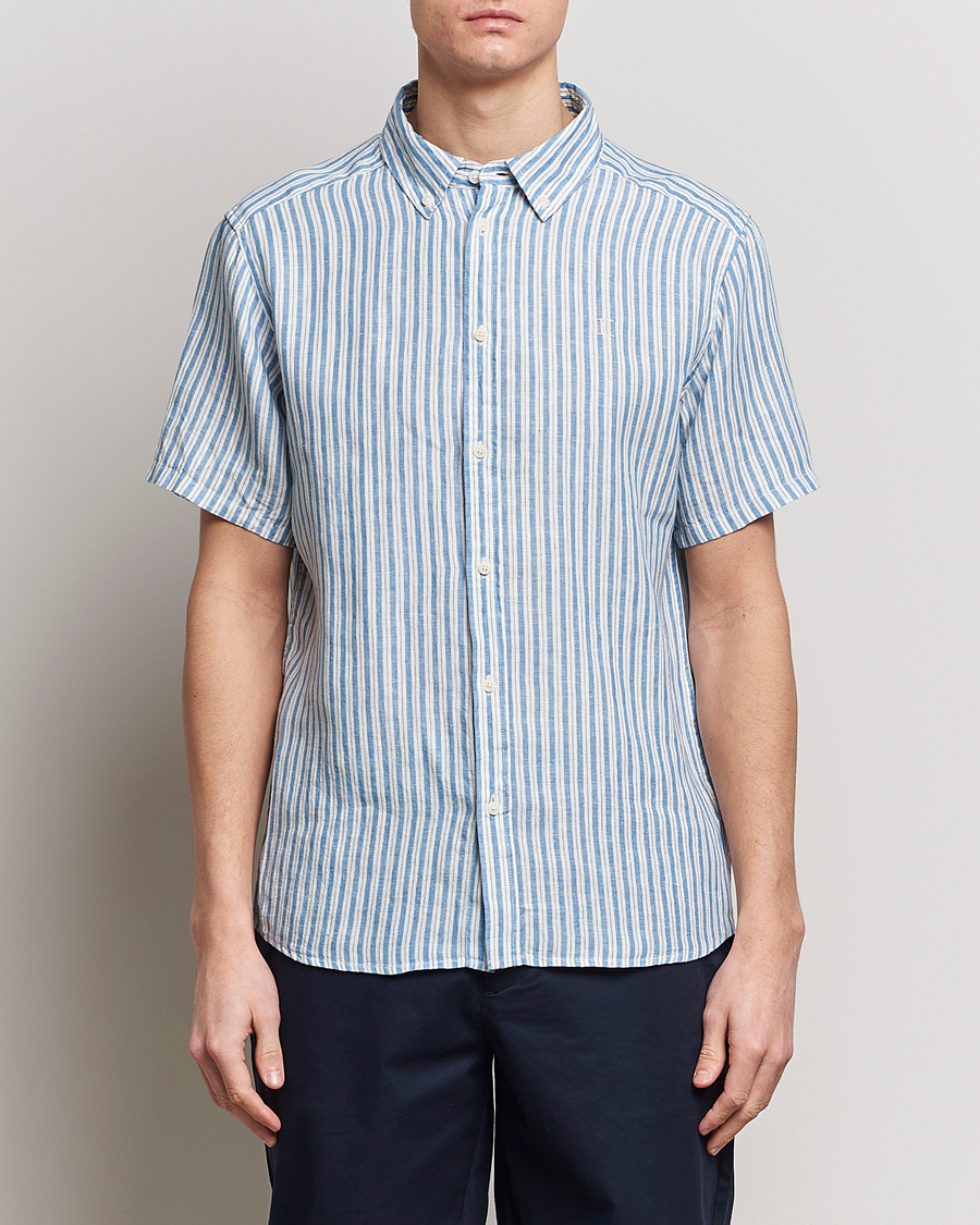Herr |  | LES DEUX | Kris Linen Striped Short Sleeve Shirt Blue/Ivory