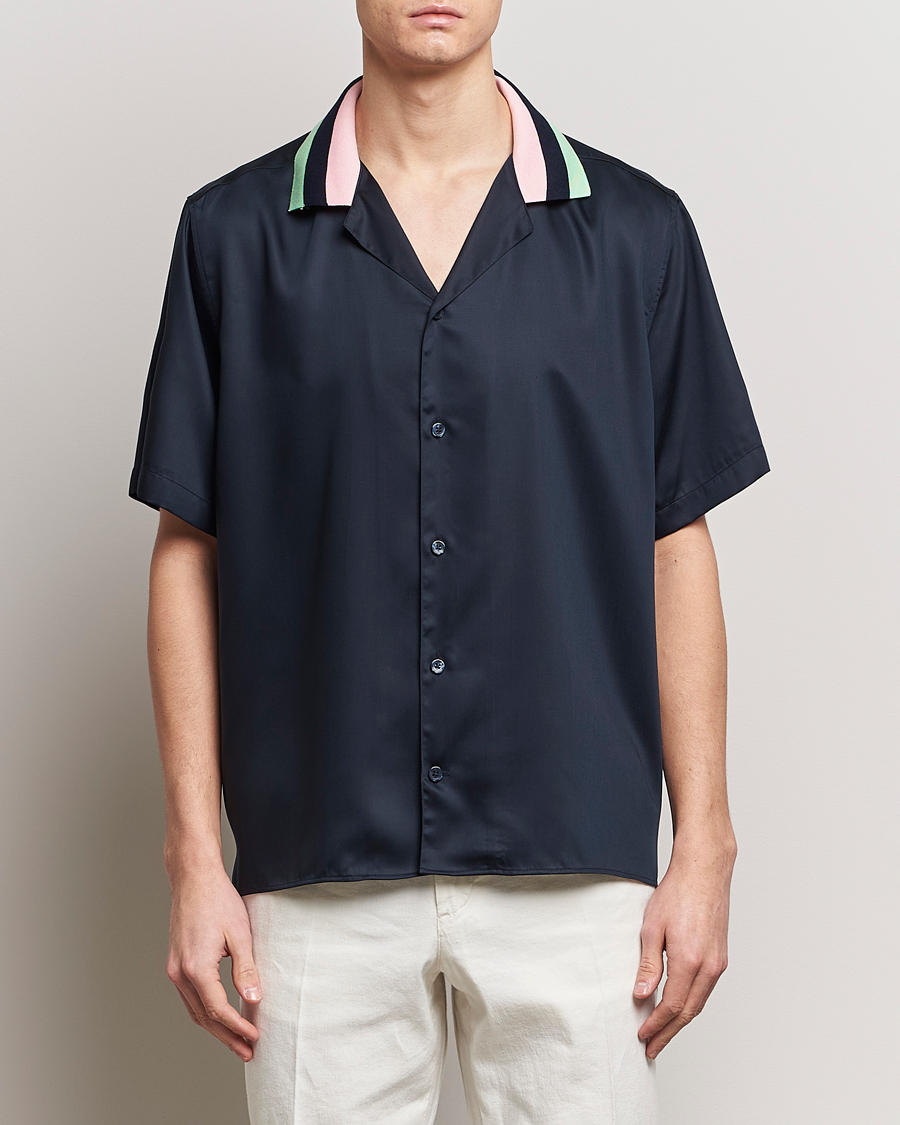 Herren | Kurzarmhemden | J.Lindeberg | Skala Knit Collar Tencel Shirt Navy