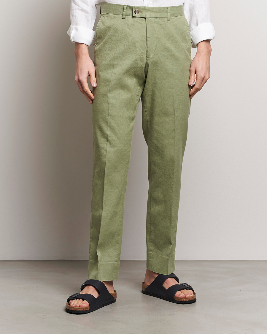 Men | Linen Trousers | J.Lindeberg | Lois Cotton/Linen Stretch Pants Oil Green