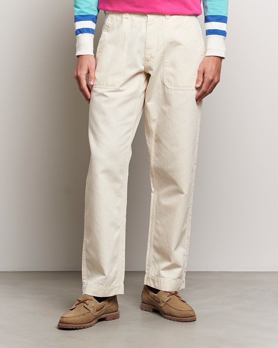 Men | Formal Trousers | Drake\'s | Herringbone Fatigue Cotton Trousers Ecru