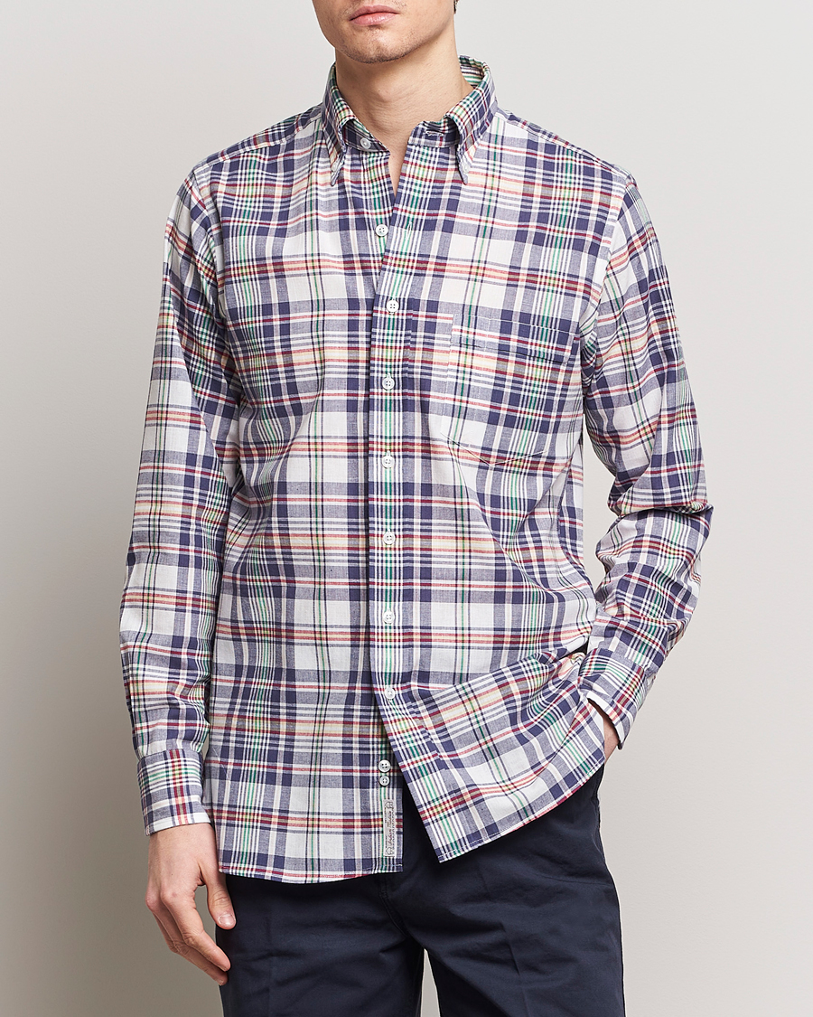 Herren |  | Drake's | Madras Checked Linen Button Down Shirt Navy