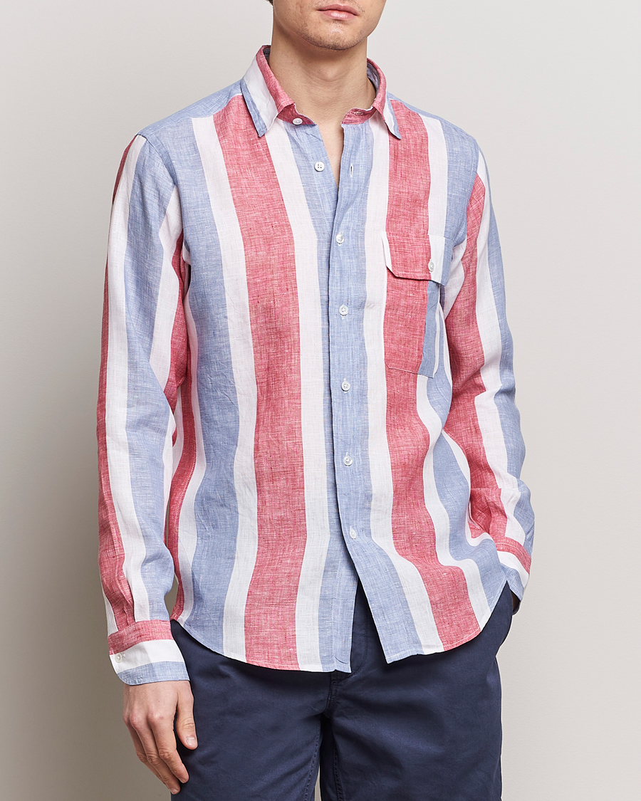 Herren | Best of British | Drake's | Thick Stripe Linen Shirt Red/Blue