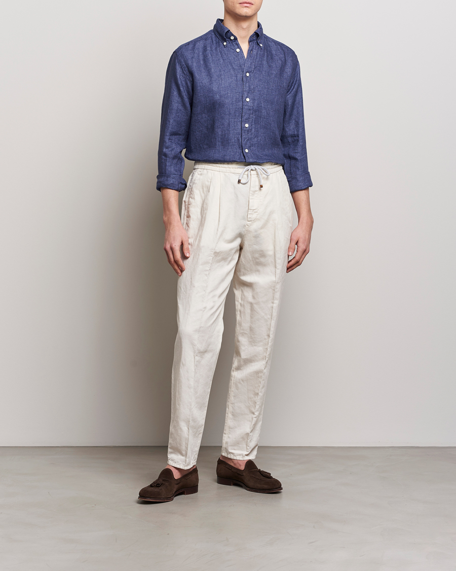 Herren | Hemden | Eton | Slim Fit Linen Button Down Shirt Navy Blue