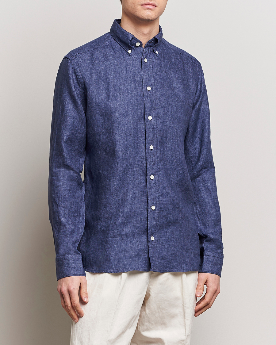 Herren |  | Eton | Slim Fit Linen Button Down Shirt Navy Blue