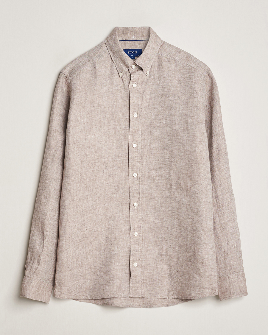 Herren | Hemden | Eton | Slim Fit Linen Button Down Shirt Brown