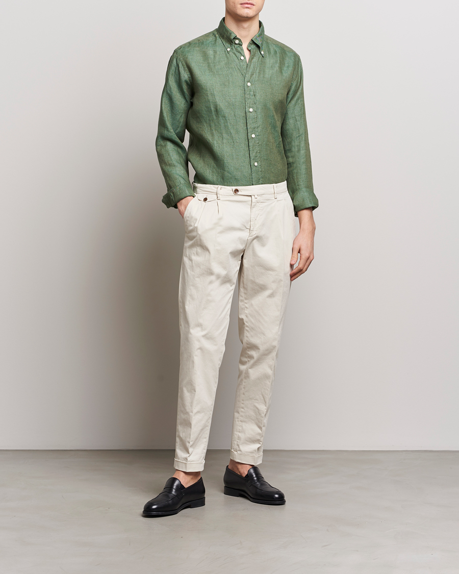 Herren | Hemden | Eton | Slim Fit Linen Button Down Shirt Dark Green