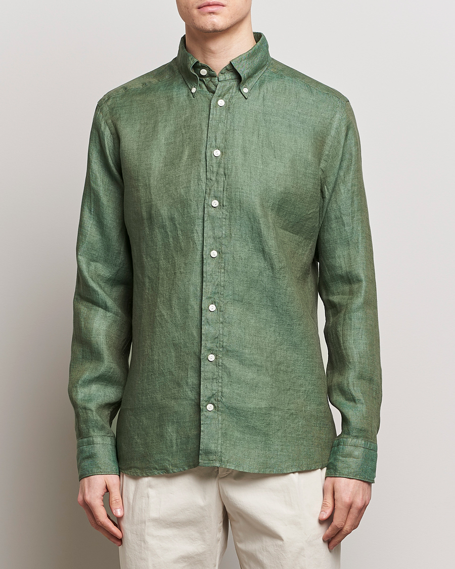 Herren | Freizeithemden | Eton | Slim Fit Linen Button Down Shirt Dark Green