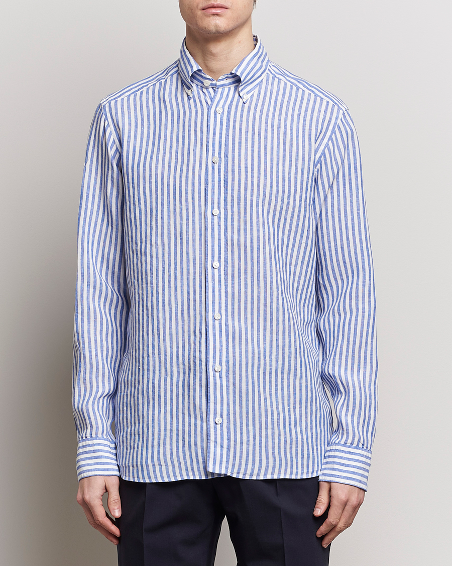 Herren | Business & Beyond | Eton | Slim Fit Striped Linen Shirt Blue/White