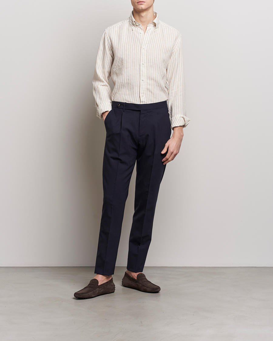 Herren | Hemden | Eton | Slim Fit Striped Linen Shirt Beige/White